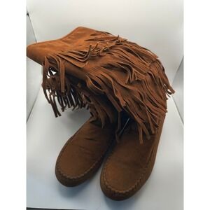 Vintage Fringe Boots 6-6.5 Brown Suede Moccasin Western Festival Boho Zipper‎